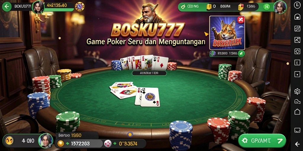 Tampilan gameplay seru BOSKU777 yang menggambarkan permainan Poker yang mendebarkan.