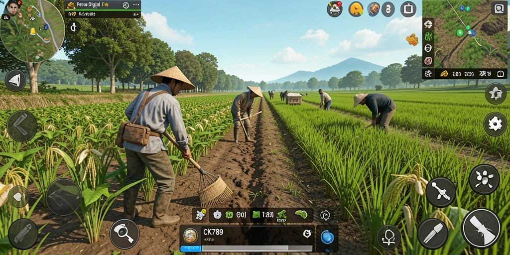 Screenshot gameplay CK789 menampilkan ladang subur dan aktivitas bertani.