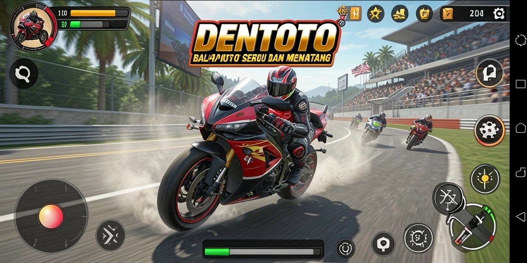 Tangkapan layar gameplay DENTOTO menampilkan balapan motor yang cepat dan seru.