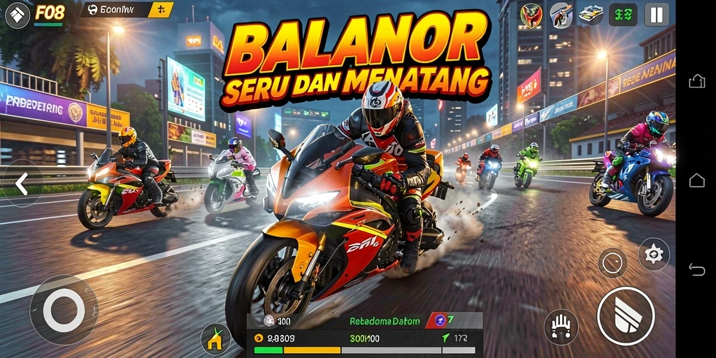 Screenshot dari gameplay FO8 menampilkan aksi balapan motor yang mendebarkan.