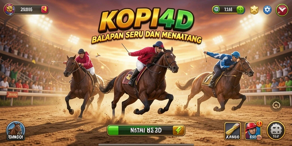 Gameplay seru dalam KOPI4D dengan mobil balap menembus garis finish.