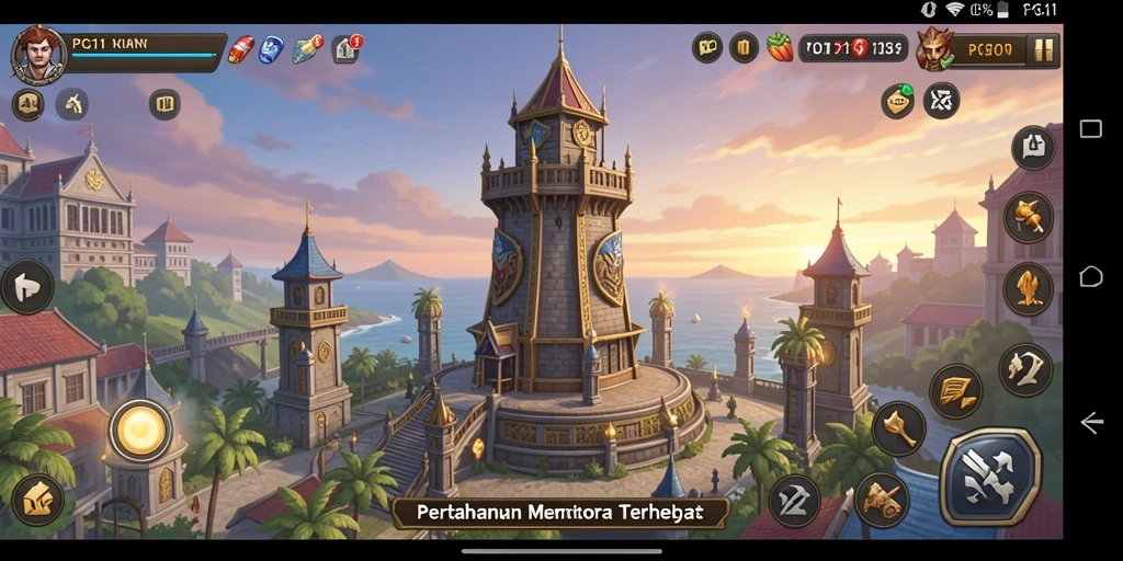 Screenshot gameplay PG11 yang menampilkan menara pertahanan yang kuat.