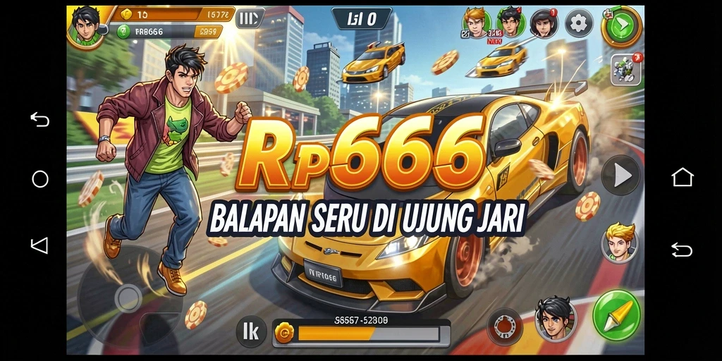 Screenshot utama RR666 menampilkan aksi balapan yang mendebarkan.
