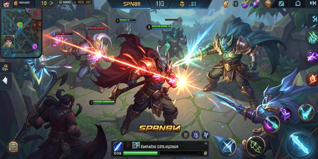 Tangkapan layar menunjukkan pertarungan sengit dalam game MOBA SPN88.