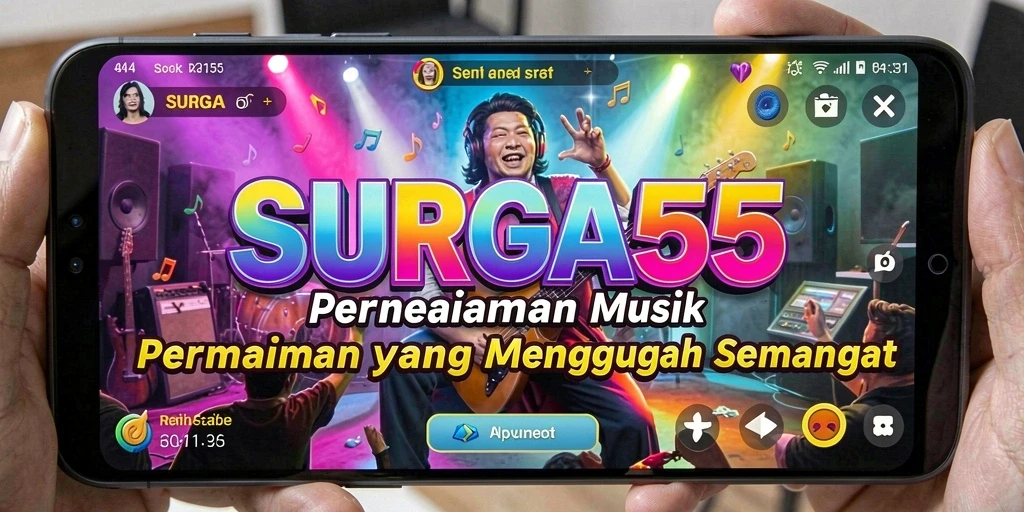 Tangkapan layar SURGA55 menampilkan gameplay yang penuh warna dan interaksi musik.