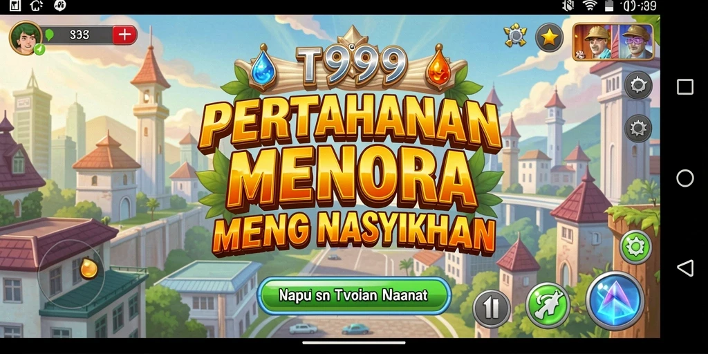 Tangkapan layar utama T9999 menampilkan aksi pertahanan menara yang seru.