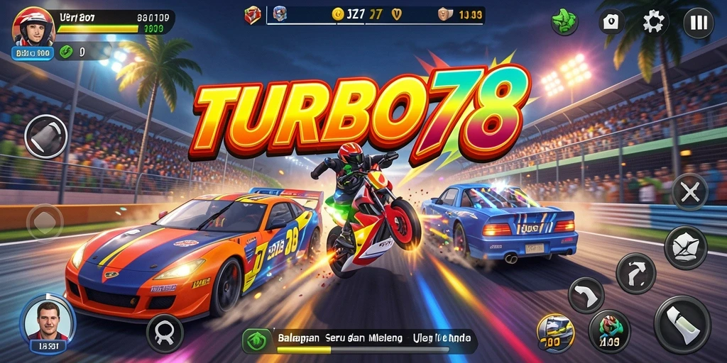 Screenshot utama TURBO78 menampilkan aksi balapan yang mendebarkan.